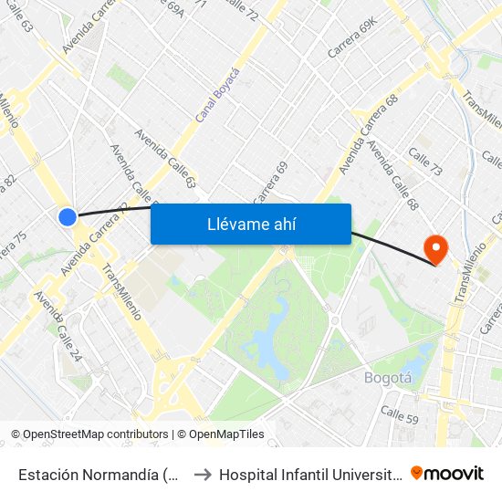 Estación Normandía (Ac 26 - Kr 74) to Hospital Infantil Universitario San José map