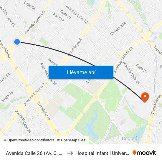 Avenida Calle 26 (Av. C. De Cali - Cl 51) (A) to Hospital Infantil Universitario San José map