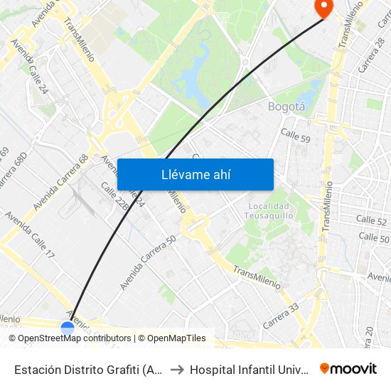 Estación Distrito Grafiti (Av. Américas - Kr 53a) to Hospital Infantil Universitario San José map
