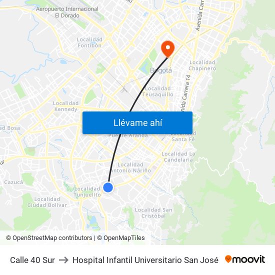 Calle 40 Sur to Hospital Infantil Universitario San José map