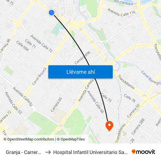 Granja - Carrera 77 to Hospital Infantil Universitario San José map