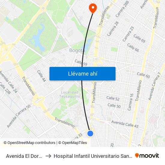 Avenida El Dorado to Hospital Infantil Universitario San José map