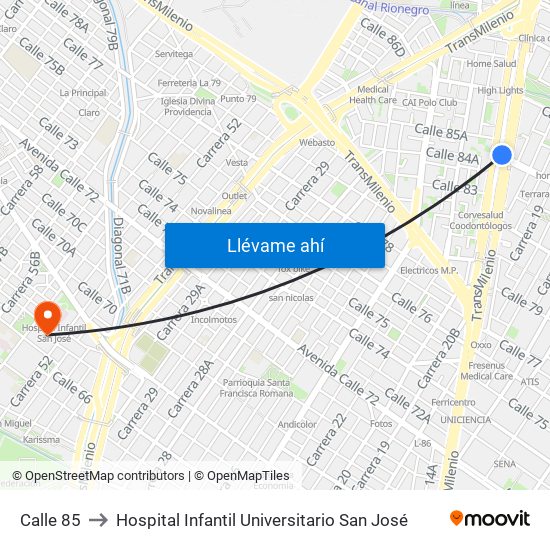 Calle 85 to Hospital Infantil Universitario San José map