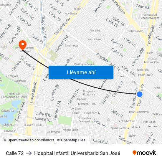 Calle 72 to Hospital Infantil Universitario San José map