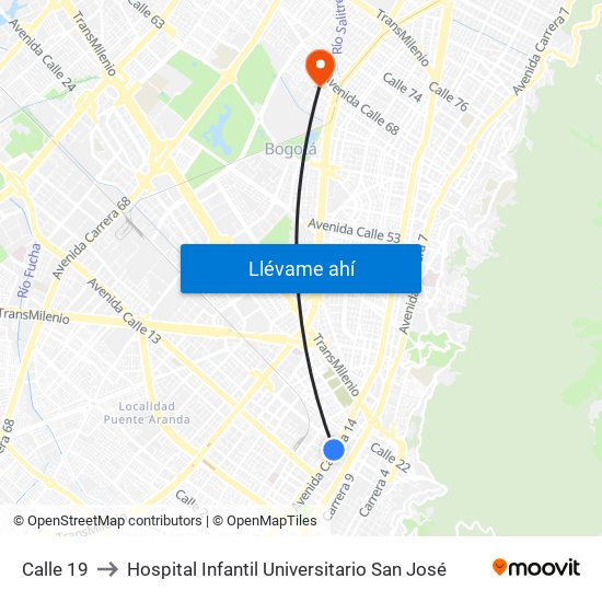 Calle 19 to Hospital Infantil Universitario San José map