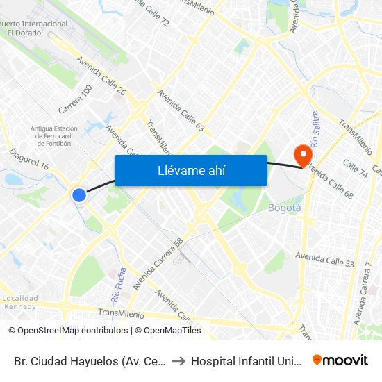 Br. Ciudad Hayuelos (Av. Centenario - Av. C. De Cali) to Hospital Infantil Universitario San José map