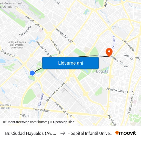 Br. Ciudad Hayuelos (Av. Centenario - Kr 78g) to Hospital Infantil Universitario San José map