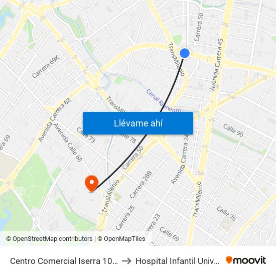 Centro Comercial Iserra 100 (Ac 100 - Kr 54) (B) to Hospital Infantil Universitario San José map