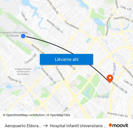 Aeropuerto Eldorado (B) to Hospital Infantil Universitario San José map