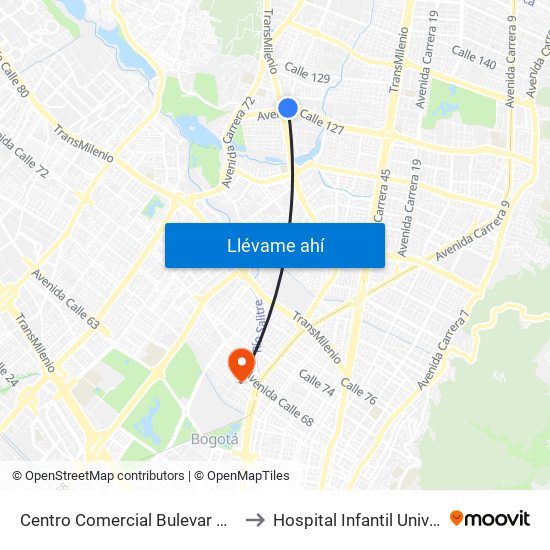 Centro Comercial Bulevar Niza (Ac 127 - Av. Suba) to Hospital Infantil Universitario San José map