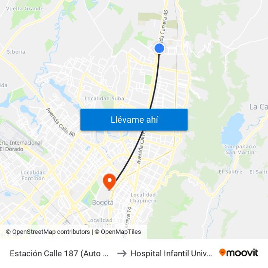 Estación Calle 187 (Auto Norte - Cl 187 Bis) (A) to Hospital Infantil Universitario San José map