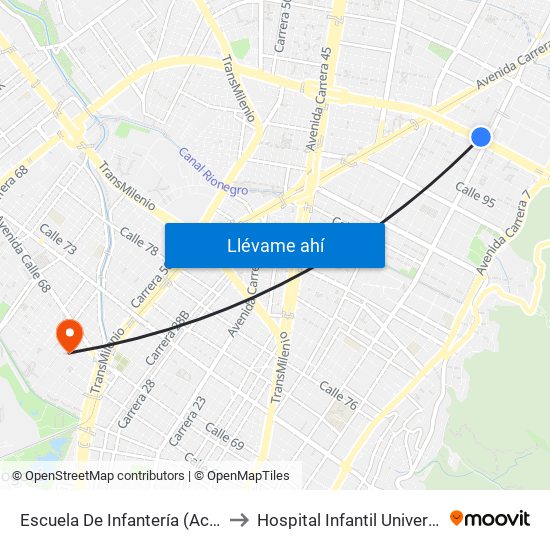 Escuela De Infantería (Ac 100 - Kr 11a) (B) to Hospital Infantil Universitario San José map