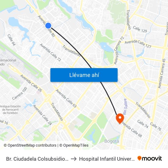 Br. Ciudadela Colsubsidio (Ac 80 - Kr 112a) to Hospital Infantil Universitario San José map