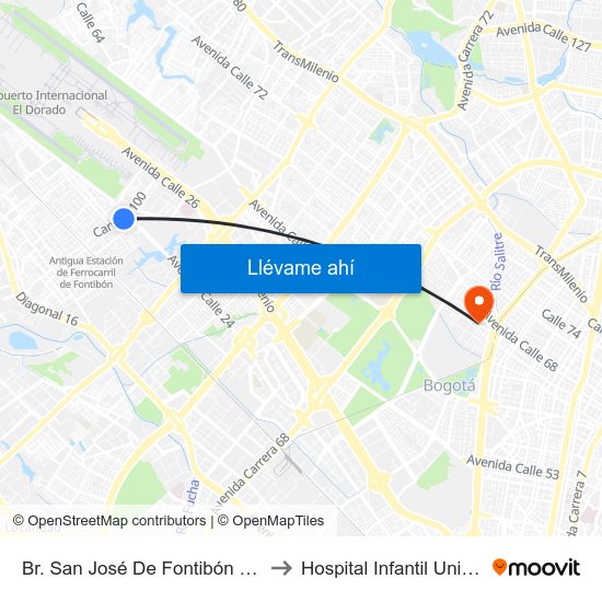 Br. San José De Fontibón (Kr 100 - Av. Esperanza) to Hospital Infantil Universitario San José map