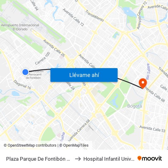 Plaza Parque De Fontibón Kr 100 (Kr 100 - Cl 17a) to Hospital Infantil Universitario San José map