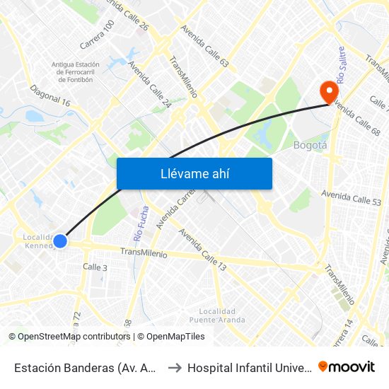 Estación Banderas (Av. Américas - Kr 78a) (A) to Hospital Infantil Universitario San José map