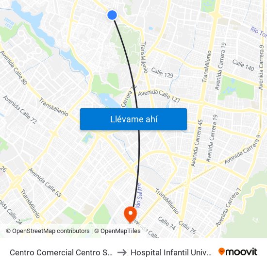 Centro Comercial Centro Suba (Av. Suba - Kr 91) to Hospital Infantil Universitario San José map