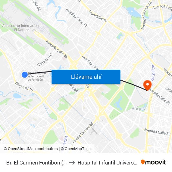 Br. El Carmen Fontibón (Cl 17 - Kr 100) to Hospital Infantil Universitario San José map