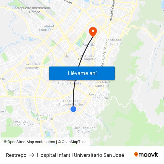 Restrepo to Hospital Infantil Universitario San José map