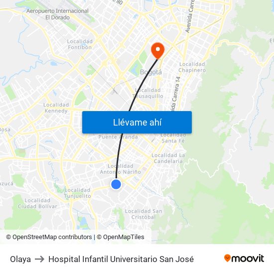 Olaya to Hospital Infantil Universitario San José map