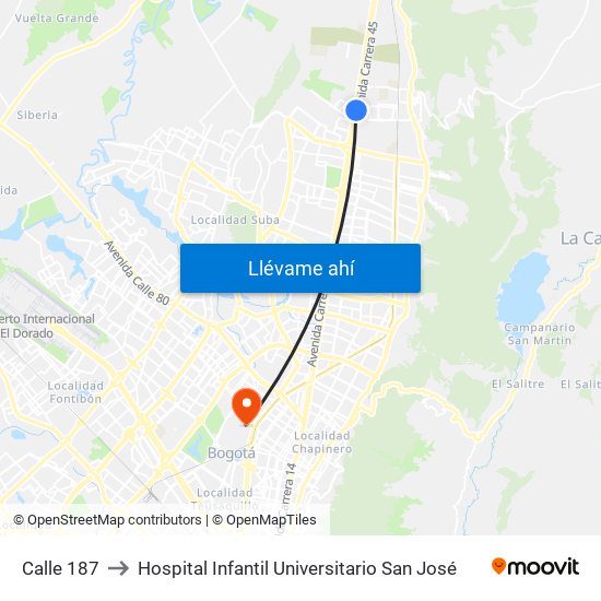 Calle 187 to Hospital Infantil Universitario San José map