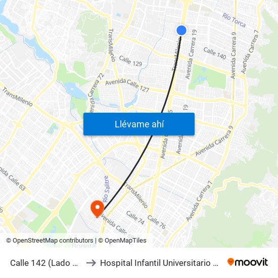 Calle 142 (Lado Norte) to Hospital Infantil Universitario San José map
