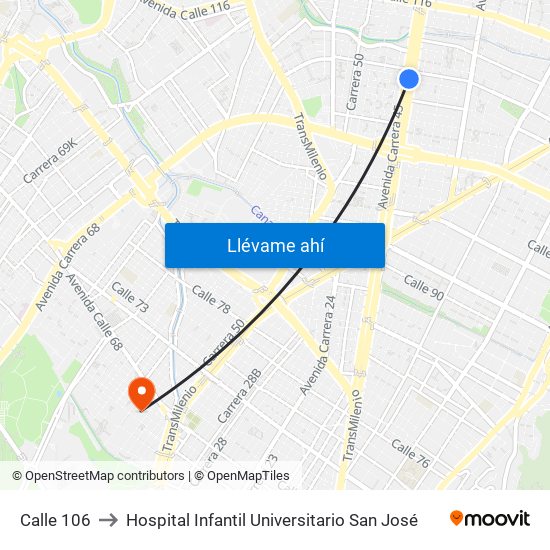 Calle 106 to Hospital Infantil Universitario San José map
