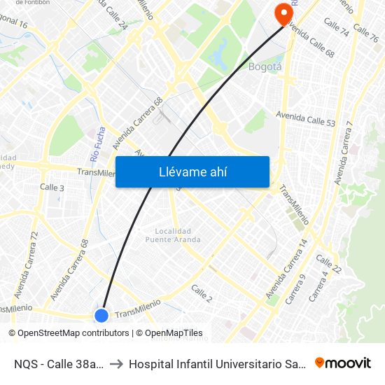 NQS - Calle 38a Sur to Hospital Infantil Universitario San José map