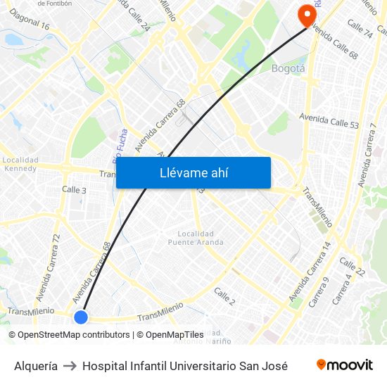 Alquería to Hospital Infantil Universitario San José map