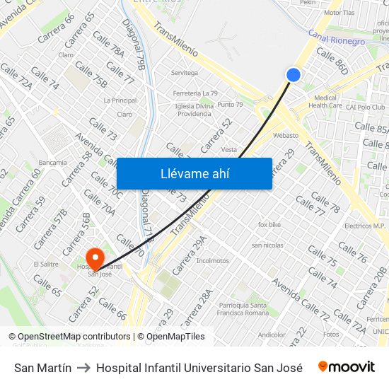 San Martín to Hospital Infantil Universitario San José map