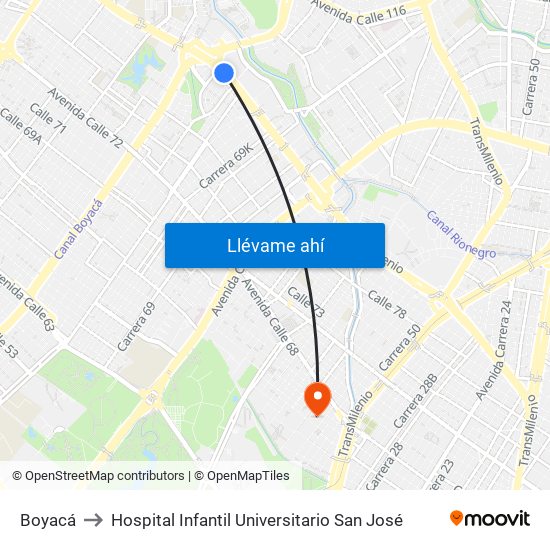 Boyacá to Hospital Infantil Universitario San José map