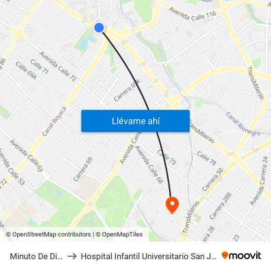 Minuto De Dios to Hospital Infantil Universitario San José map