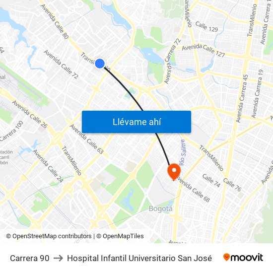 Carrera 90 to Hospital Infantil Universitario San José map