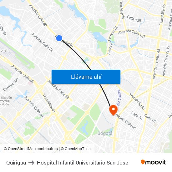 Quirigua to Hospital Infantil Universitario San José map