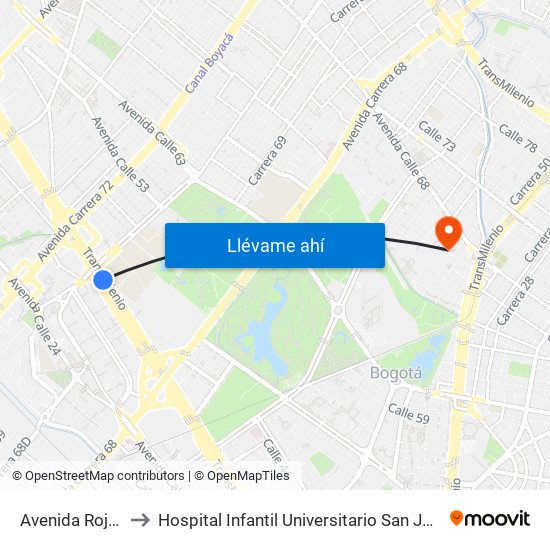 Avenida Rojas to Hospital Infantil Universitario San José map