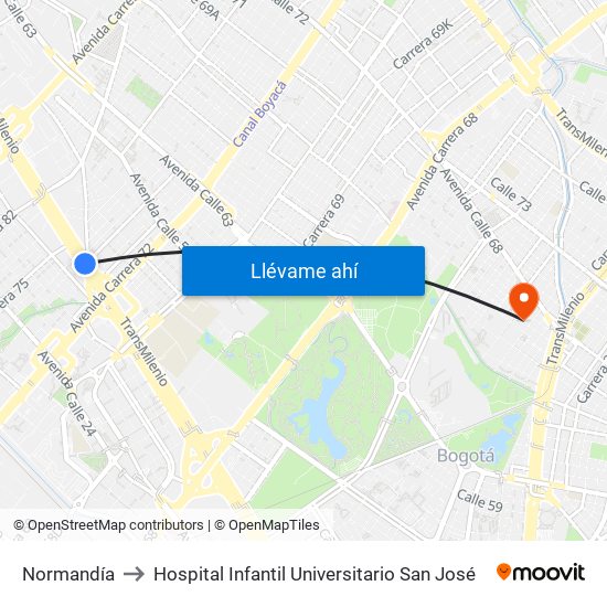 Normandía to Hospital Infantil Universitario San José map