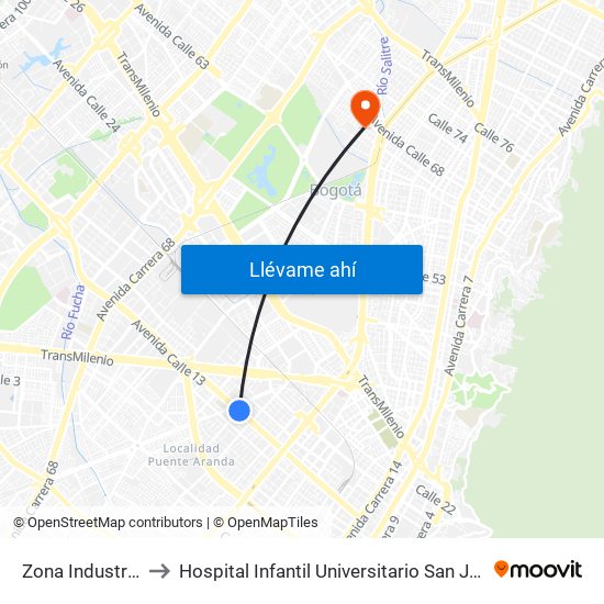 Zona Industrial to Hospital Infantil Universitario San José map
