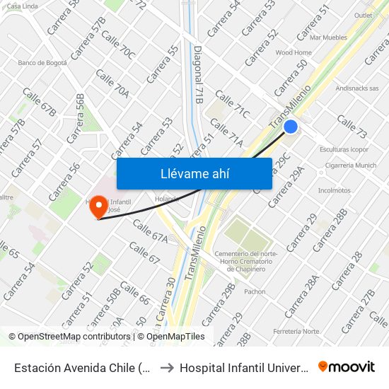 Estación Avenida Chile (Av. NQS - Cl 71c) to Hospital Infantil Universitario San José map