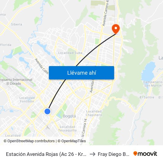 Estación Avenida Rojas (Ac 26 - Kr 69d Bis) (B) to Fray Diego Barroso map