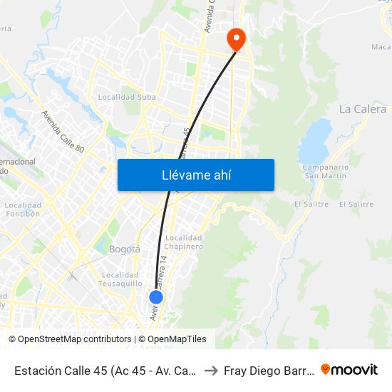Estación Calle 45 (Ac 45 - Av. Caracas) to Fray Diego Barroso map