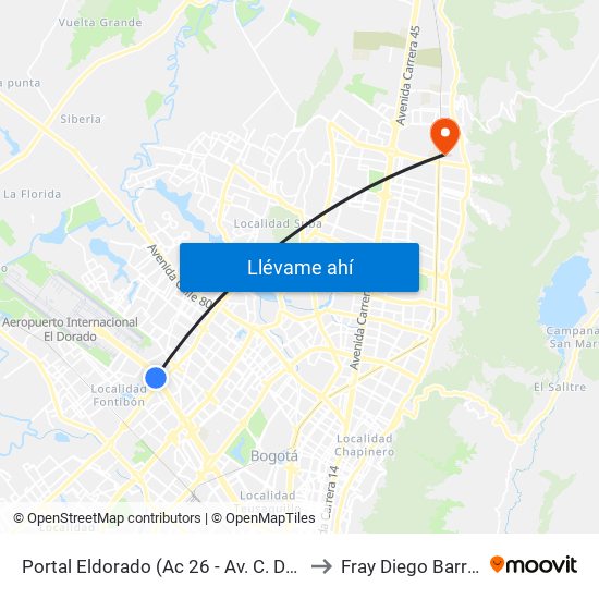 Portal Eldorado (Ac 26 - Av. C. De Cali) to Fray Diego Barroso map