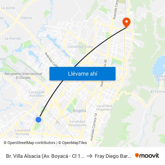 Br. Villa Alsacia (Av. Boyacá - Cl 12a) (A) to Fray Diego Barroso map