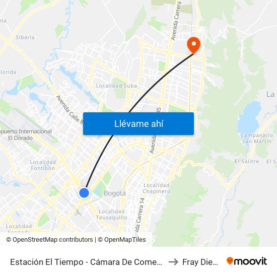 Estación El Tiempo - Cámara De Comercio De Bogotá (Ac 26 - Kr 68b Bis) to Fray Diego Barroso map