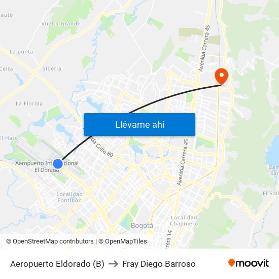 Aeropuerto Eldorado (B) to Fray Diego Barroso map