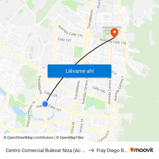 Centro Comercial Bulevar Niza (Ac 127 - Av. Suba) to Fray Diego Barroso map