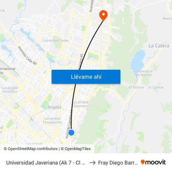 Universidad Javeriana (Ak 7 - Cl 40) (B) to Fray Diego Barroso map