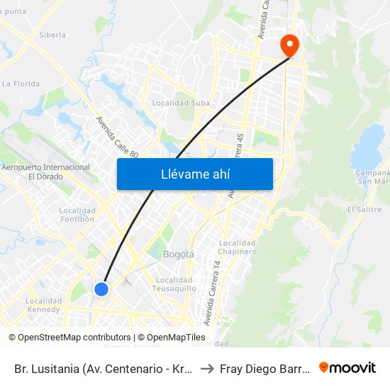 Br. Lusitania (Av. Centenario - Kr 68b) to Fray Diego Barroso map