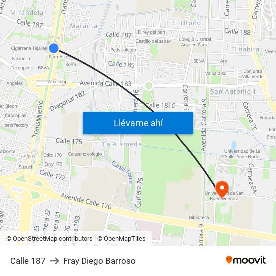 Calle 187 to Fray Diego Barroso map