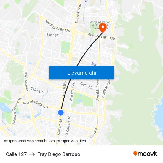 Calle 127 to Fray Diego Barroso map