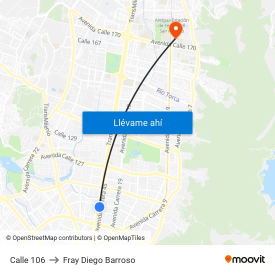 Calle 106 to Fray Diego Barroso map